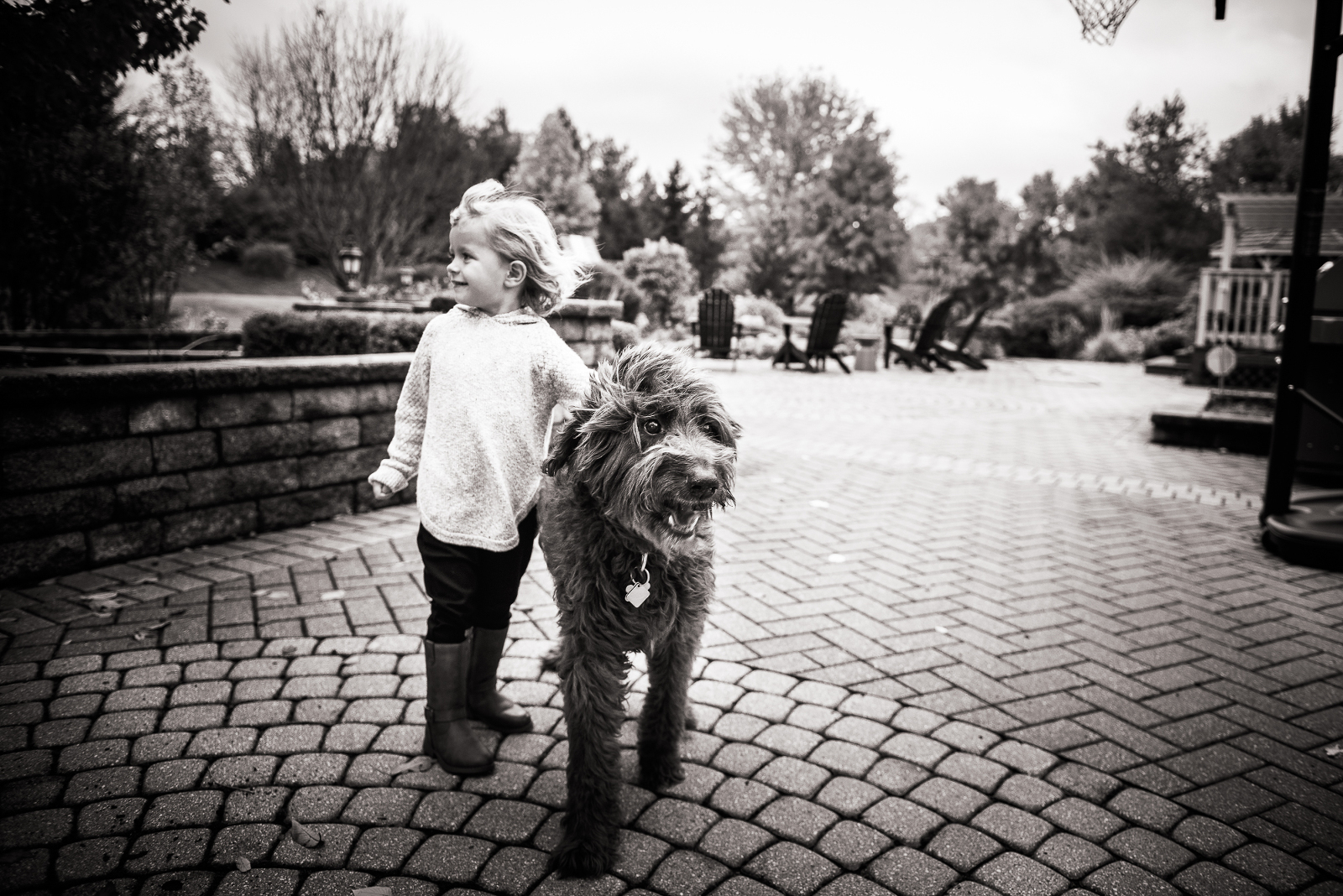 black and white child and dog